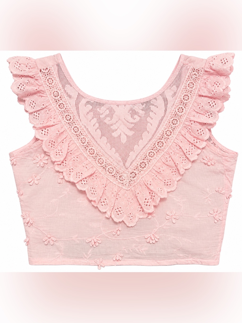 NWT Altar’d State Pink Blush Lace Eyelet Ruffle Crop Top Women’s Size M Boho